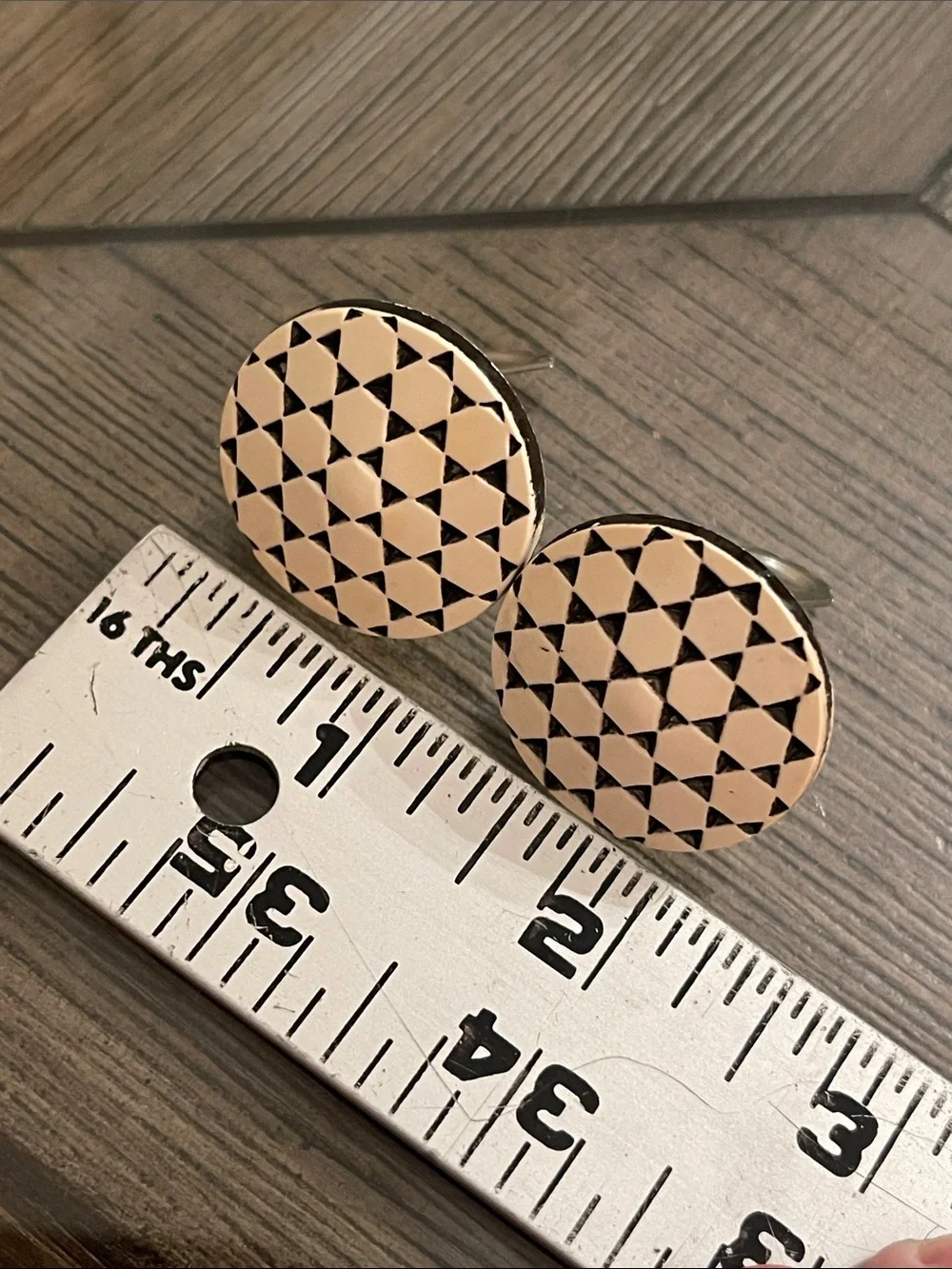 Vintage Round Button Clip Earrings with Geometric Pattern